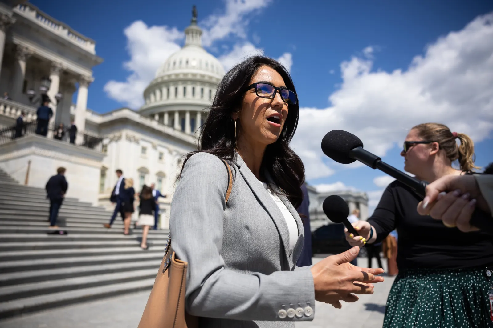 Representative Lauren Boebert, a Colorado Republican, speaks with reporters as she departs a vote at the U.S. Capitol on April 30. (Francis Chung/POLITICO via AP Images)