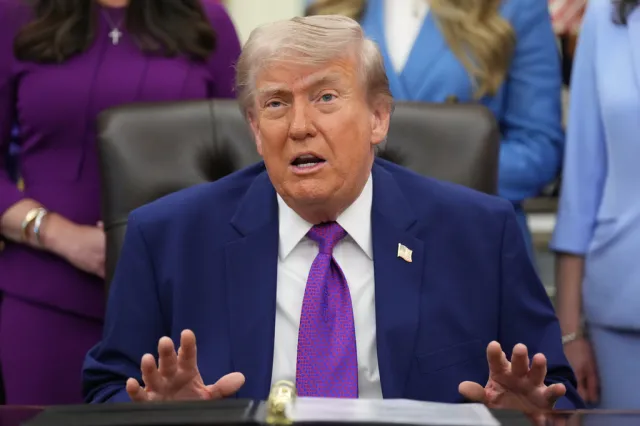 President Donald Trump speaks to reporters at an event in the Oval Office of the White House on May 11, 2026.