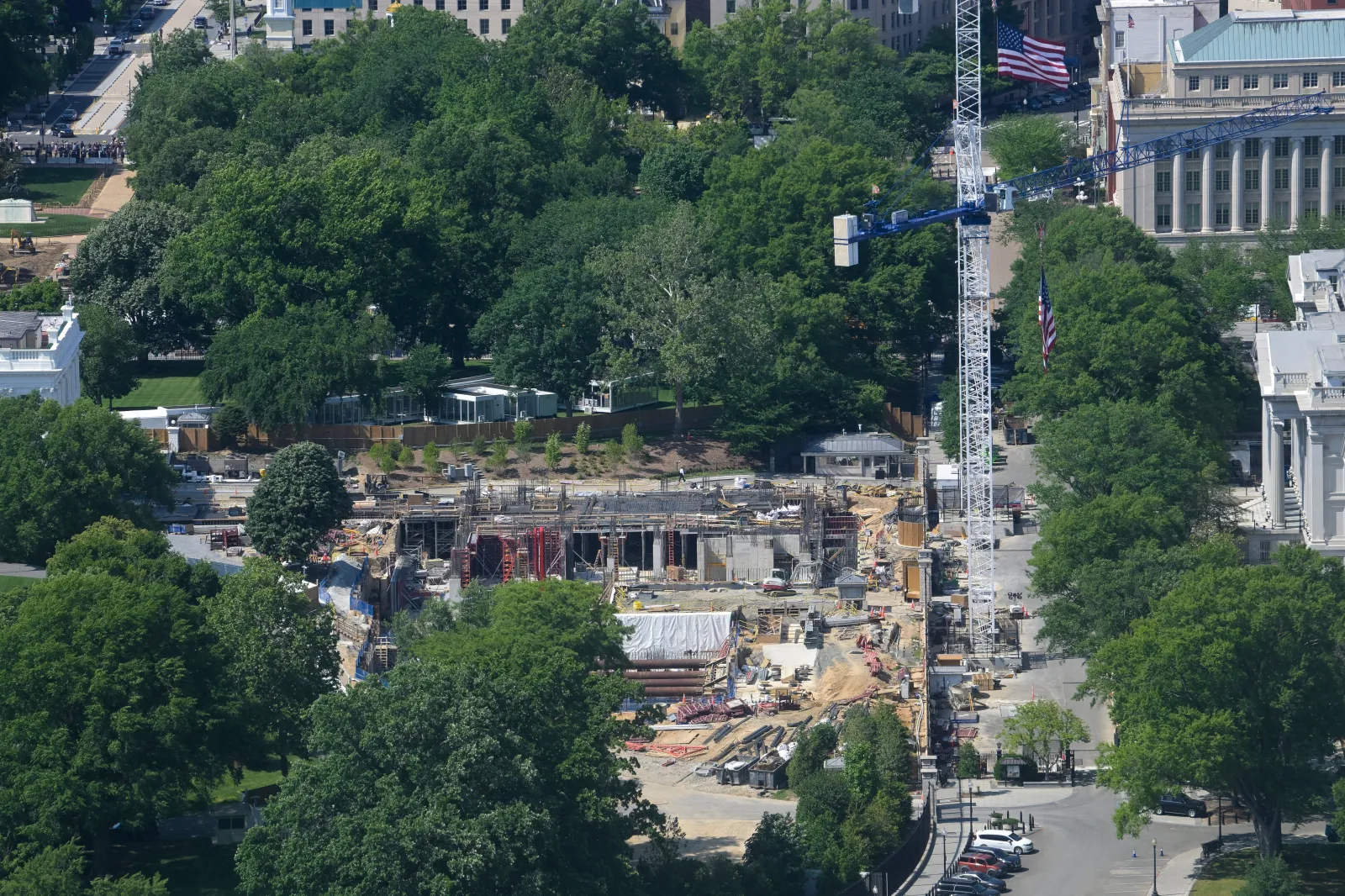 Work continues on the construction of the ballroom at the White House on May 16 in Washington where the East Wing once stood. (AP Photo/Rod Lamkey, Jr.)