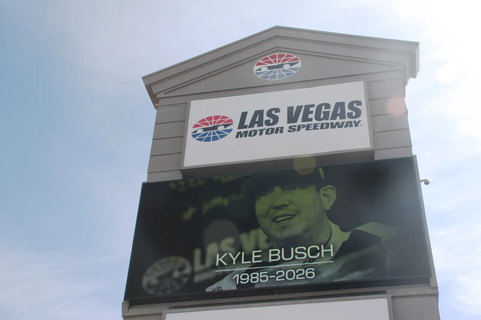 Late NASCAR driver Kyle Busch is memorialized on the digital LED sign outside Las Vegas Motor Speedway on May 22 at Las Vegas Motor Speedway. (Photo by Olivia Lindsay/LVMS/Icon Sportswire) (Icon Sportswire via AP Images)