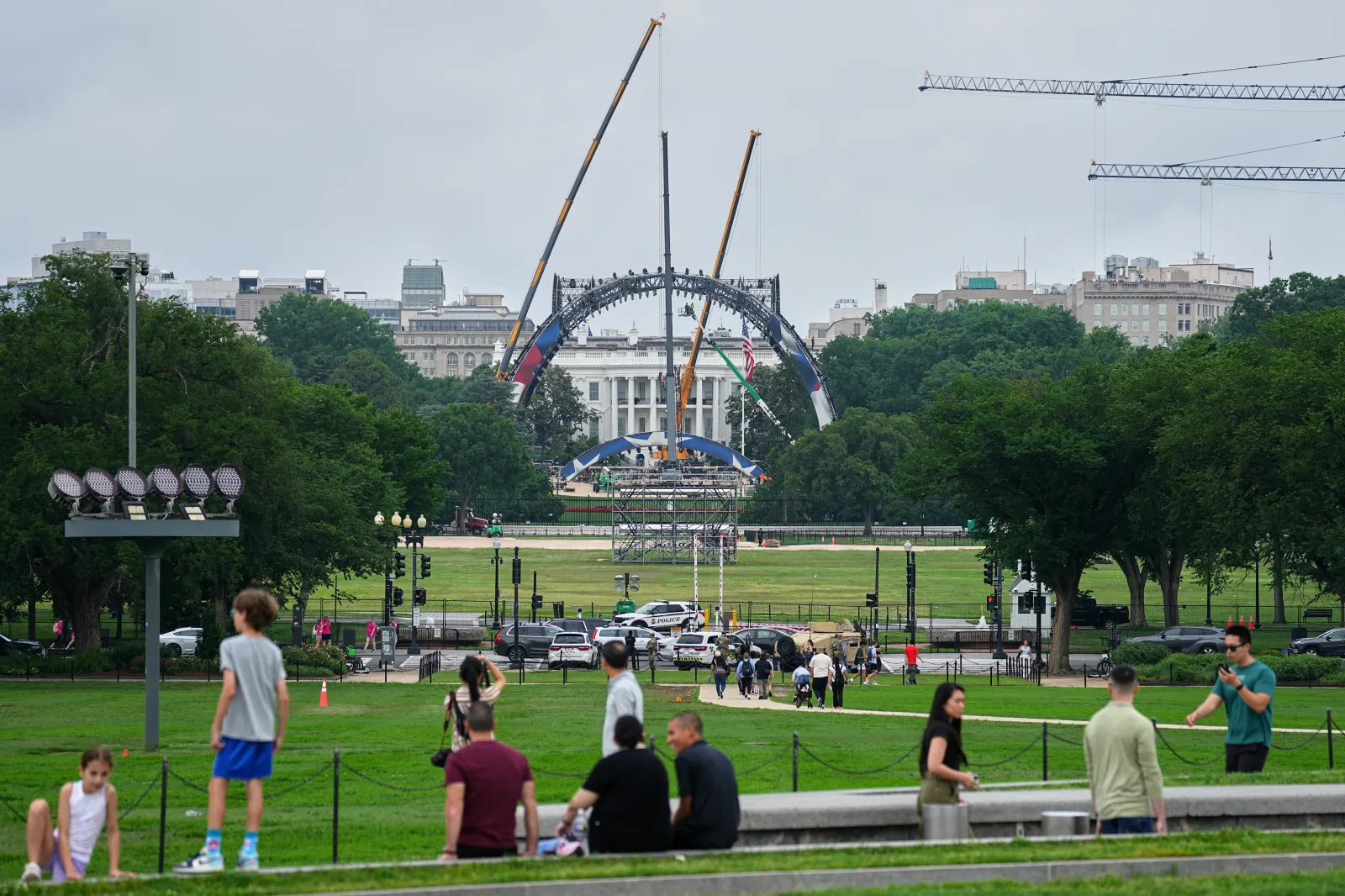 Workers construct a temporary UFC ring at the White House on May 27, 2026.