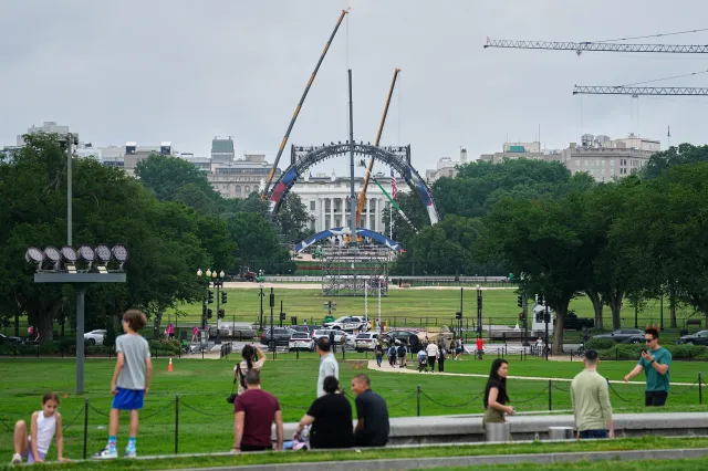 Workers construct a temporary UFC ring at the White House on May 27, 2026.