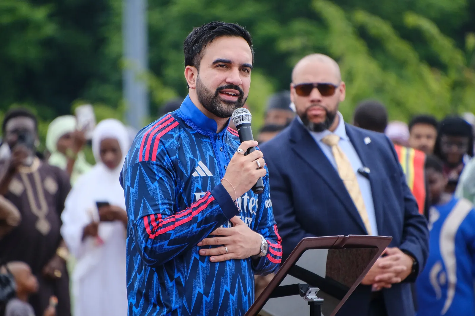 Mayor Zohran Mamdani attends Eid al-Adha prayers at Macombs Dam Park in the Bronx on May 27, 2026, in New York City.