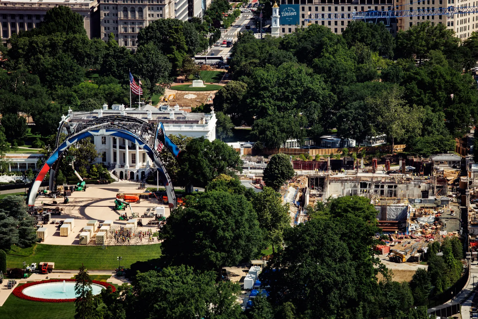 The construction of the White House ballroom and of the stage for the UFC match that will be held on the South Lawn of the White House is seen from the top of the Washington Monument on May 28 in Washington, D.C. (Photo by Samuel Corum/Sipa USA)(Sipa via AP Images)