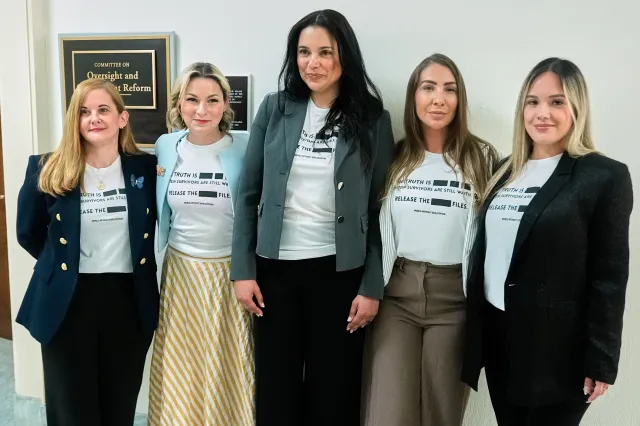 L-R: Victims of Jeffrey Epstein, Liz Stein, Dani Bensky, Sharlene Rochard, Marina Lacerda and Andrea Sterling are seen before former Attorney General Pam Bondi's deposition on May 29, 2026.