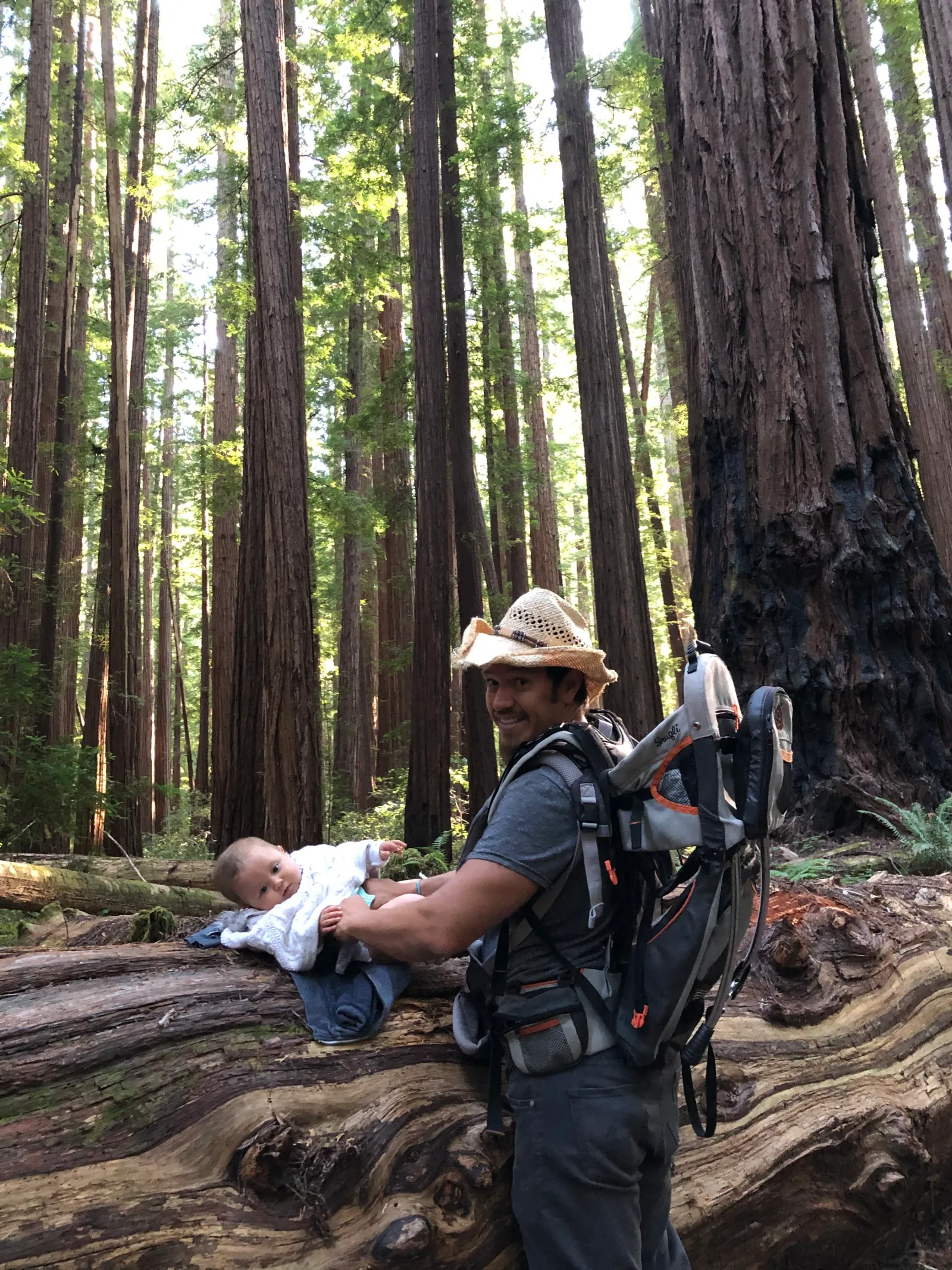Hans Kullberg changing his daughter Aviva's diaper atop a fallen tree during a family hike.