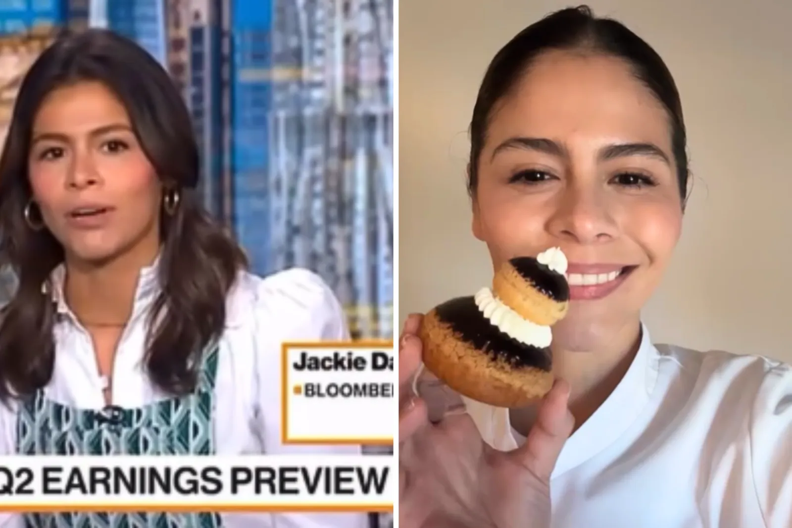 Jackie Davalos (L) on Bloomberg television; and holding a pastry in France.