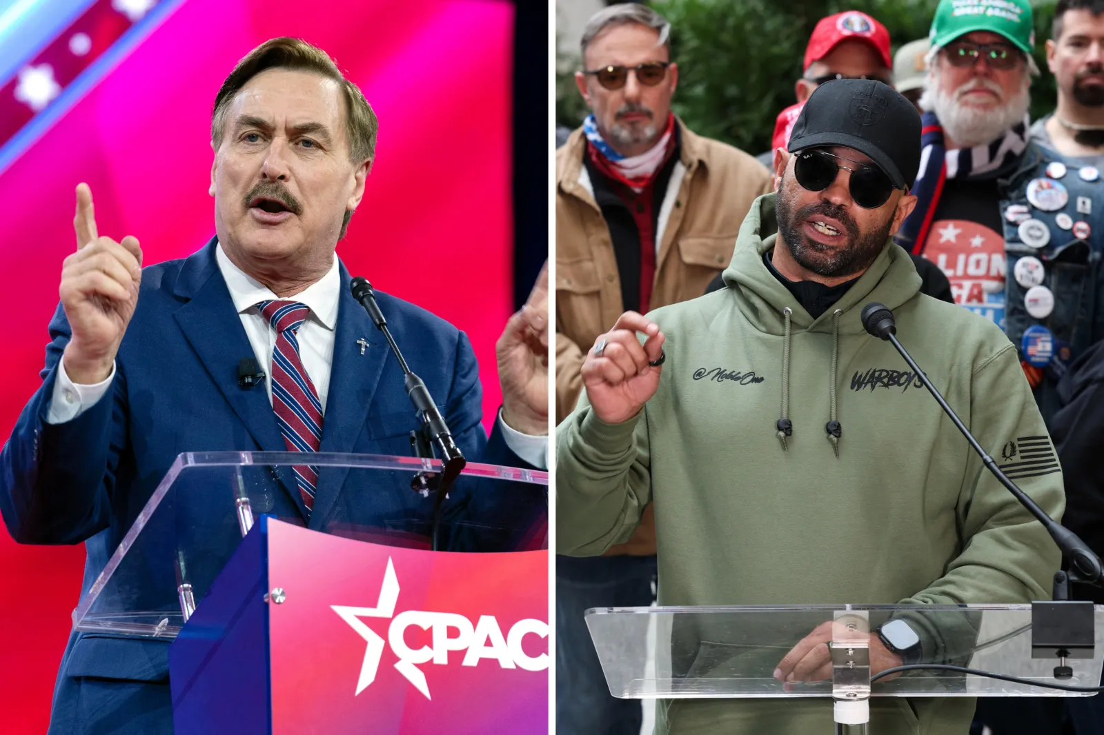Left, CEO of MyPillow Mike Lindell speaks during the Conservative Political Action Conference, 2024, at the National Harbor in Oxon Hill, Maryland, on February 24, 2024. Right, Former Proud Boys leader Enrique Tarrio speaks outside the Willard Hotel during a January 6th memorial march marking five years since the attack on January 06, 2026 in Washington, D.C.