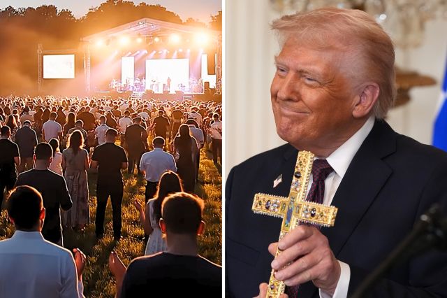 Left: A still from a video promoting the event. Right: Donald Trump a holy cross during a Greek Independence Day celebration at the White House on March 24, 2025 in Washington, DC.