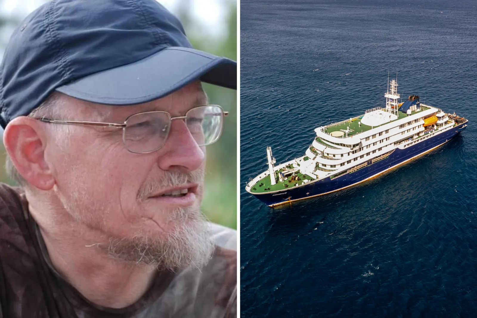 Left: Social media image of Leo Schilperoord. Right: The cruise ship MV Hondius stationary off the port of Praia, the capital of Cape Verde, on May 3, 2026.