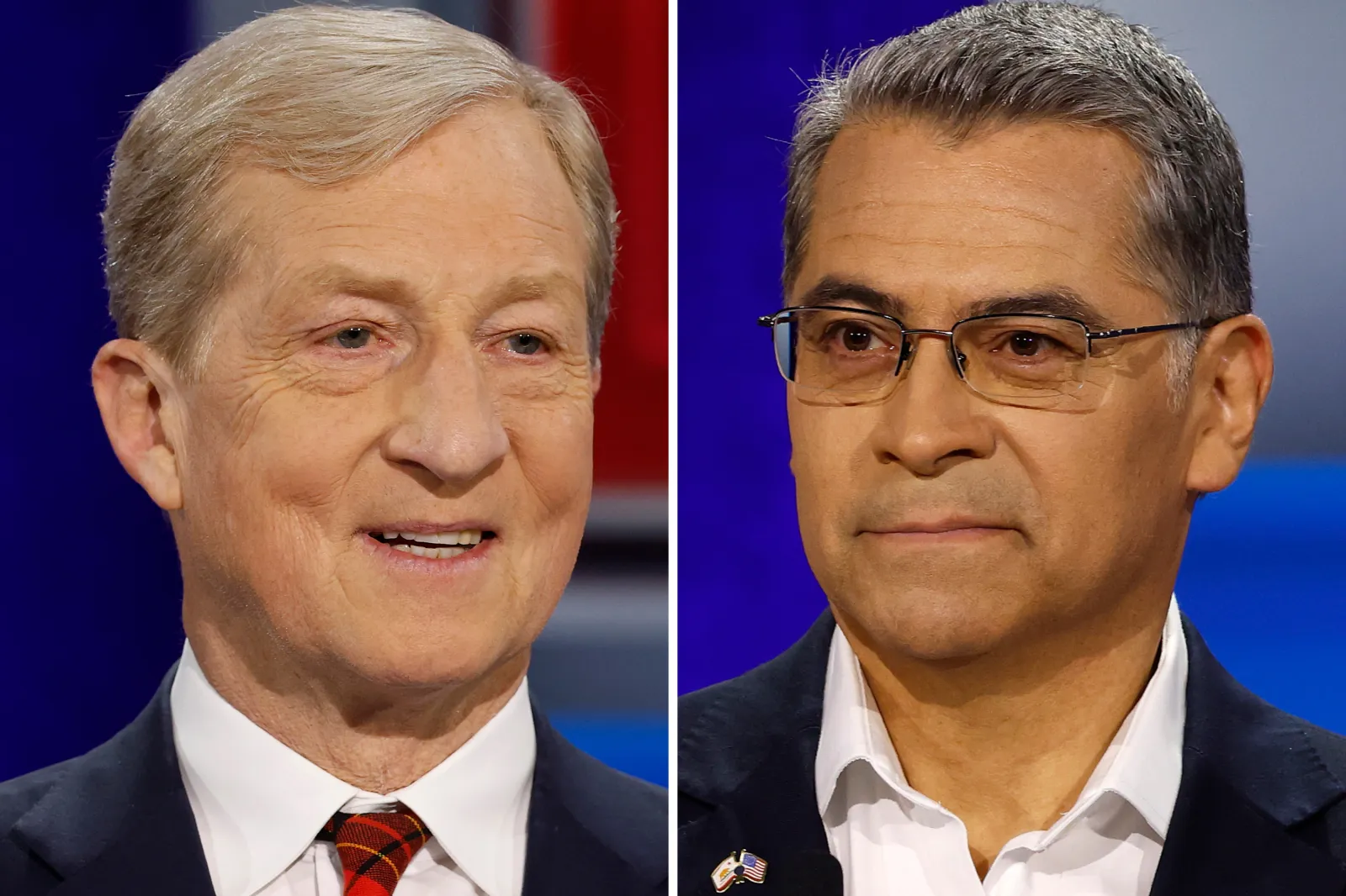 Left: California gubernatorial candidate businessman Tom Steyer looks on during a CNN California Governor Primary Debate at East Los Angeles College on May 05, 2026 in Monterey Park, California. Right: California gubernatorial candidate former U.S. Secretary of Health and Human Services Xavier Becerra looks on during a CNN California Governor Primary Debate at East Los Angeles College on May 05, 2026 in Monterey Park, California.