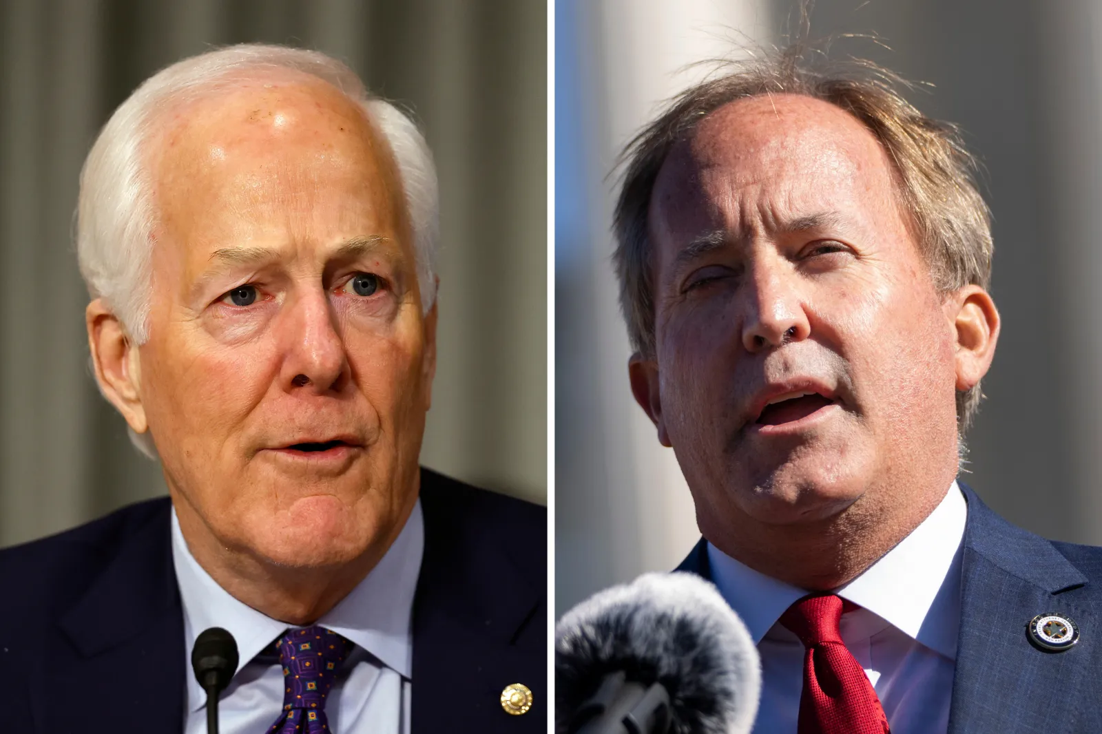 Texas Senator John Cornyn speaks during a confirmation hearing on January 15, 2025, in Washington, D.C. Texas Attorney General Ken Paxton speaks at the Supreme Court on November 1, 2021, in Washington, D.C.