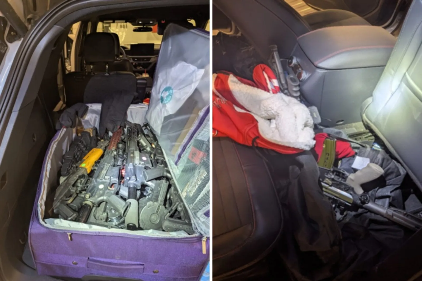 Left, a suitcase recovered from a vehicle during a traffic stop in New York was found to contain a large cache of firearms, according to a federal complaint. Right, additional firearms were recovered from the back seat of the vehicle