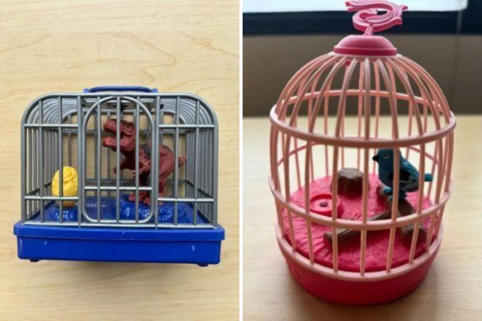 The recalled dinosaur and bird cage toys.