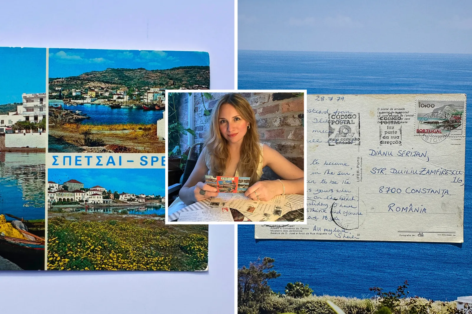 (L-R): A postcard sent from Sheila to Dianu; Poppy Newdick with the thrift store finds; and a handwritten letter.