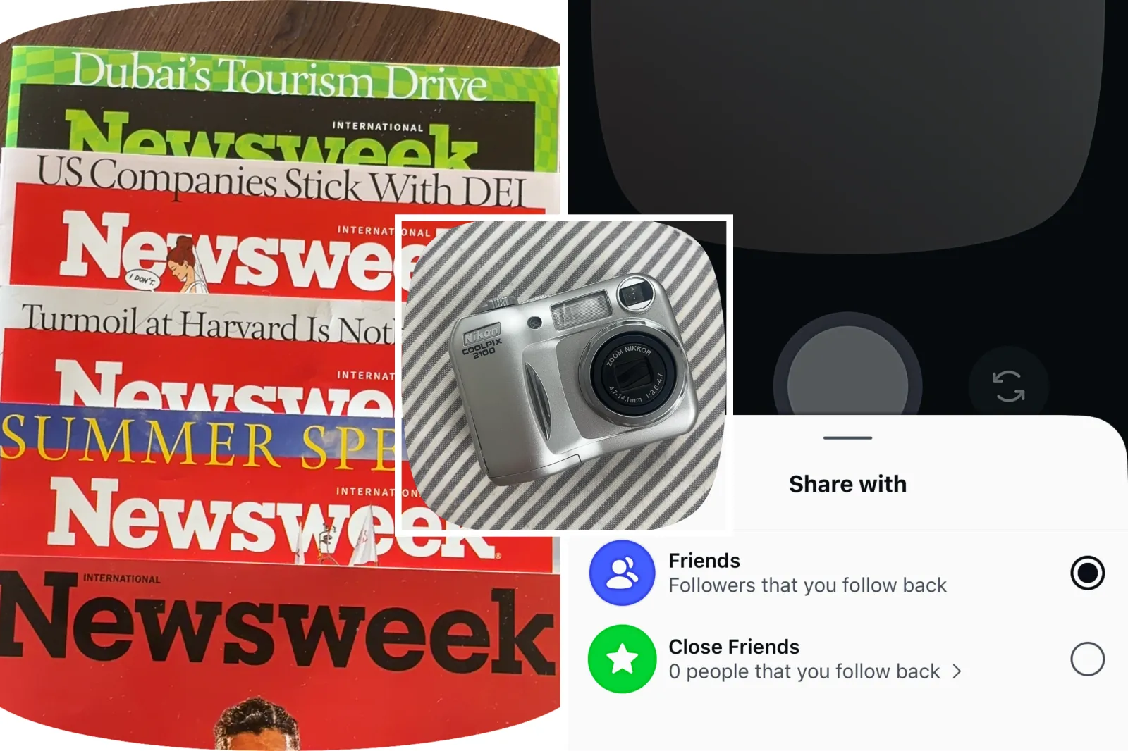 Screengrabs from Instagram's Instant's feature including a stack of Newsweek magazines (L); a digital camera and an Instagram page.