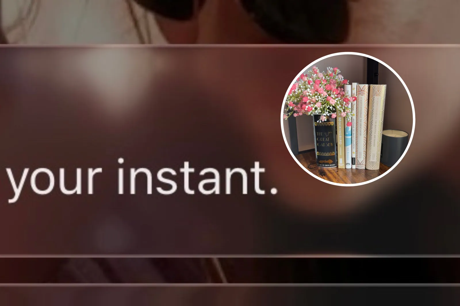 A screenshot of a user reacting to a post on Instagram's new Instants feature (L); and an image of a bouquet of flowers next to a stack of books.