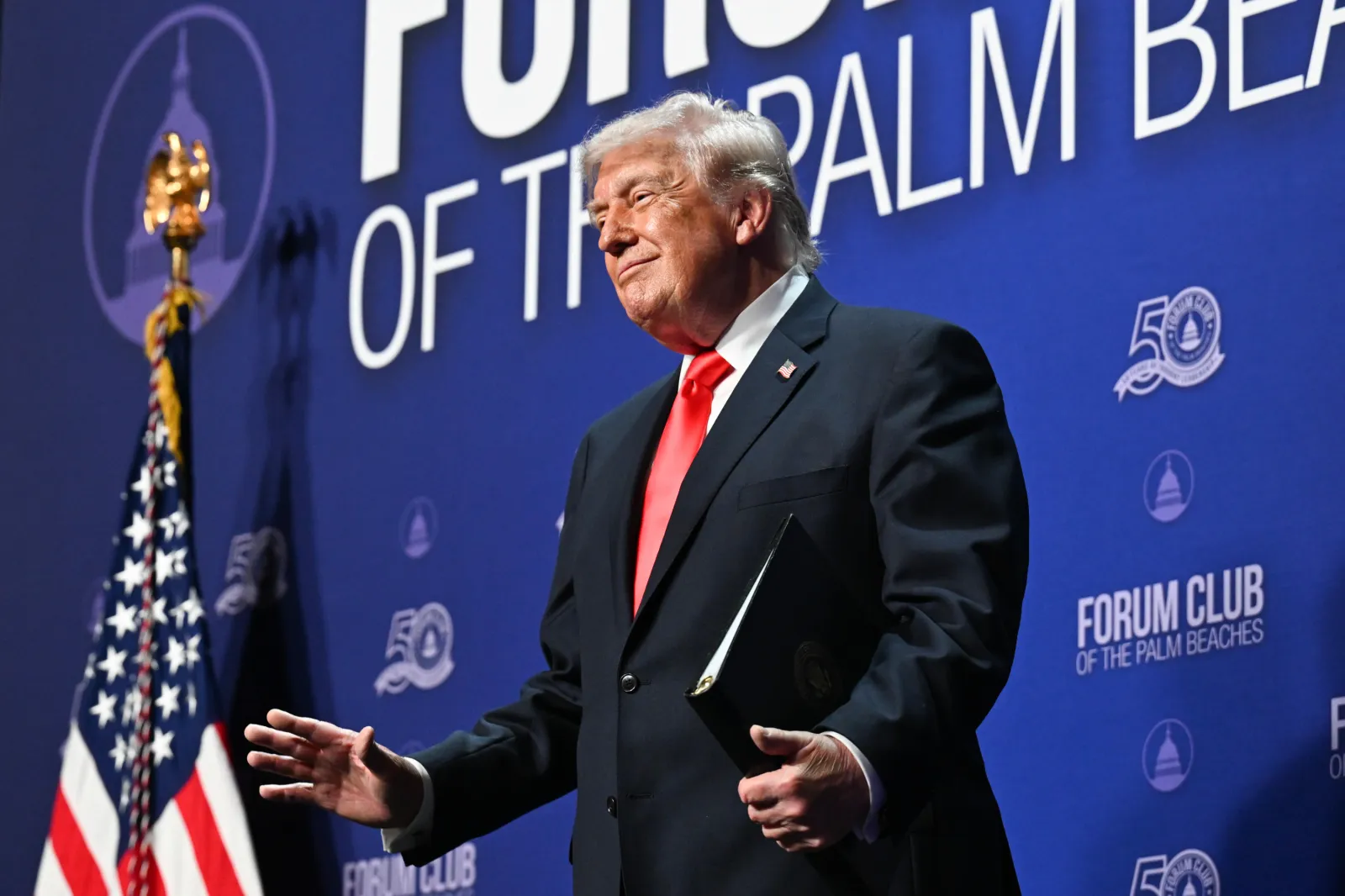 Donald Trump speaks during an event at the Raymond F. Kravis Center for the Performing Arts on May 01, 2026 in Palm Beach, Florida.