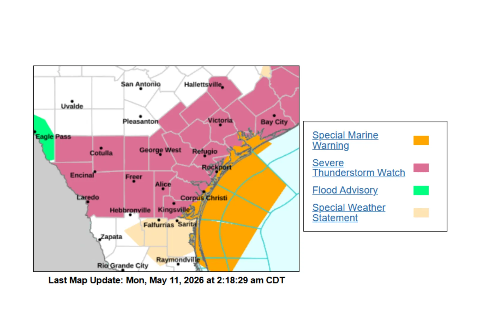 An NWS Map showing areas in Texas affected by thunderstorms and flooding.