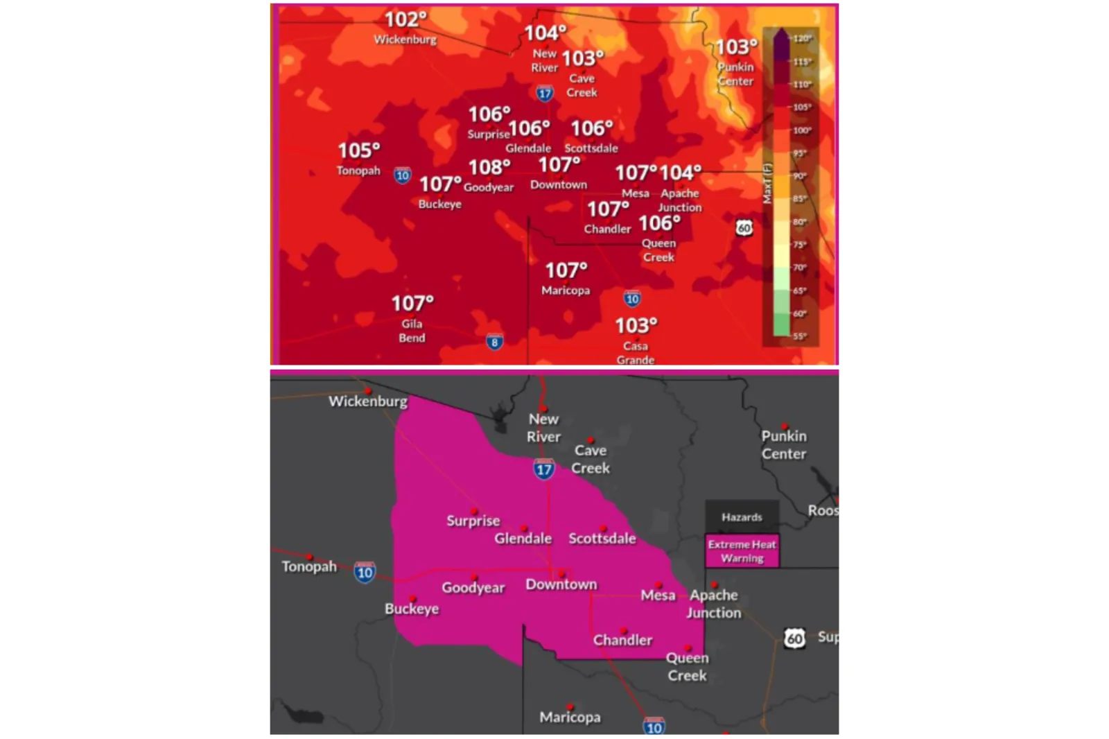 NWS maps showing the extreme temperatures across Phoenix, Arizona through Tuesday, May 12, 2026 | NWS