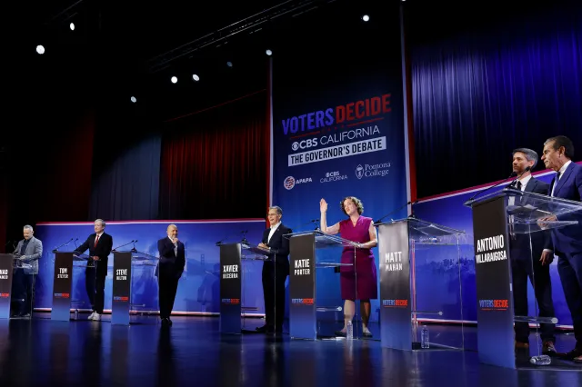 California gubernatorial candidates (L-R) Democrat Tony Thurmond, Republican Chad Bianco, Democrat Tom Steyer, Republican Steve Hilton, Democrat Xavier Becerra, Democrat Katie Porter, Democrat Matt Mahan and Democrat Antonio Villaraigosa stand during a commercial break during the CBS California Gubernatorial Debate at Pomona College on April 28, 2026 in Claremont, California.