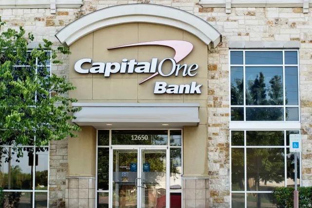 Capital One Bank exterior in Houston, Texas, taken on March 6, 2021.