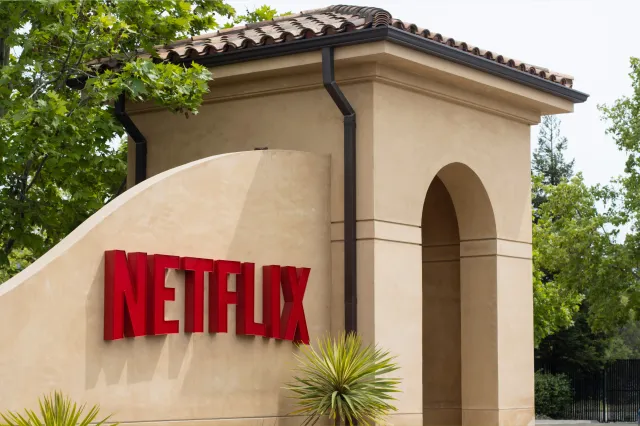 The main entrance to the Netflix headquarters in Los Gatos, California, taken on May 5, 2022.