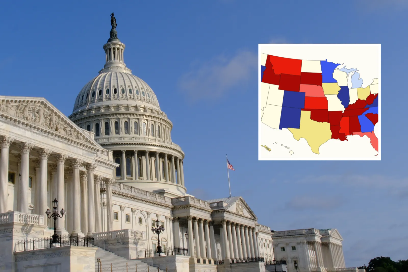 United States Capitol Building and Dome in Washington, DC USA, August 3, 2024 - stock photo. Inset: Map showing Senate race forecasts ahead of U.S. midterms