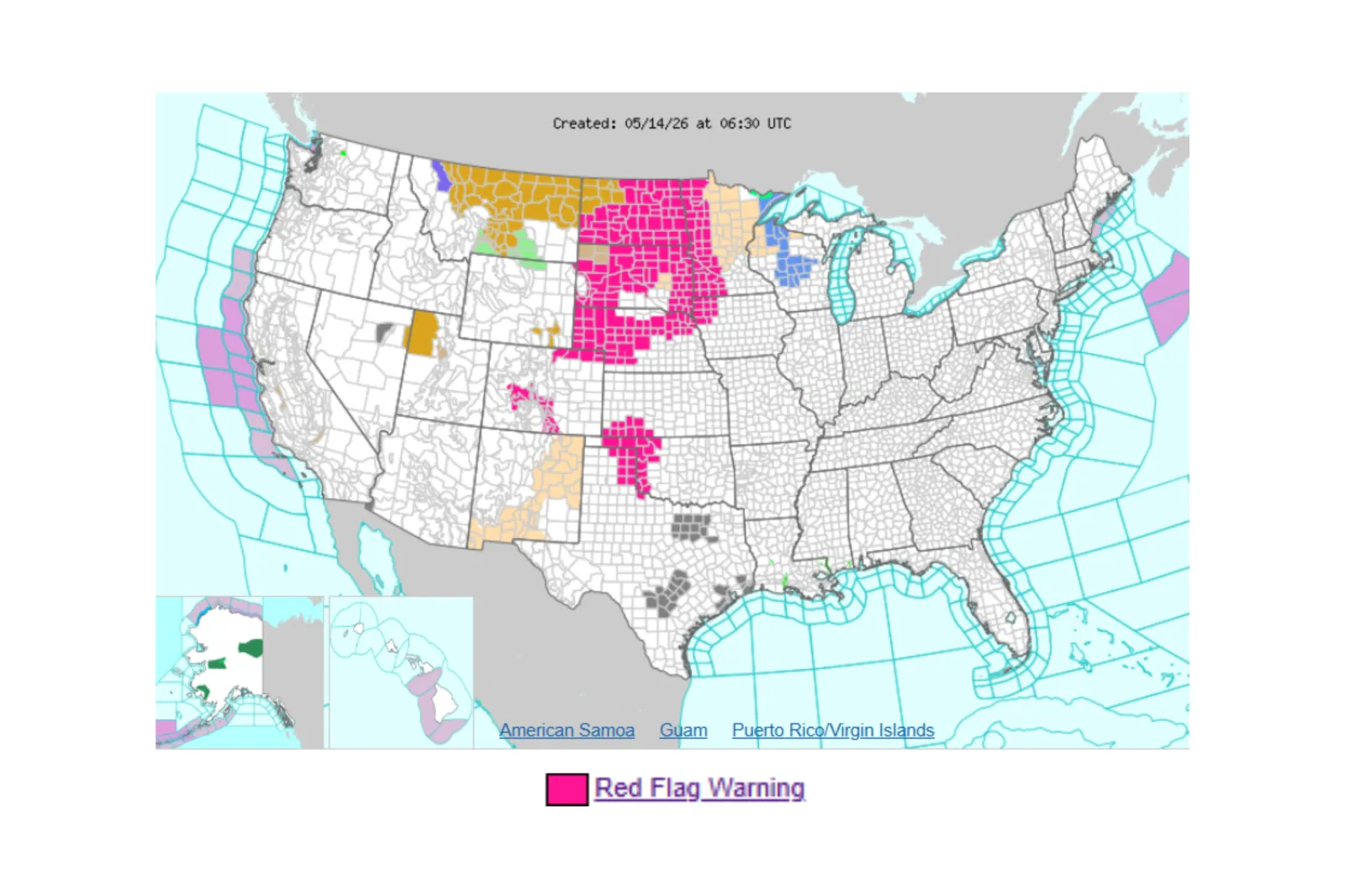 Map showing parts of the country hit with red flag warnings for Thursday, May 14, 2026 | NWS