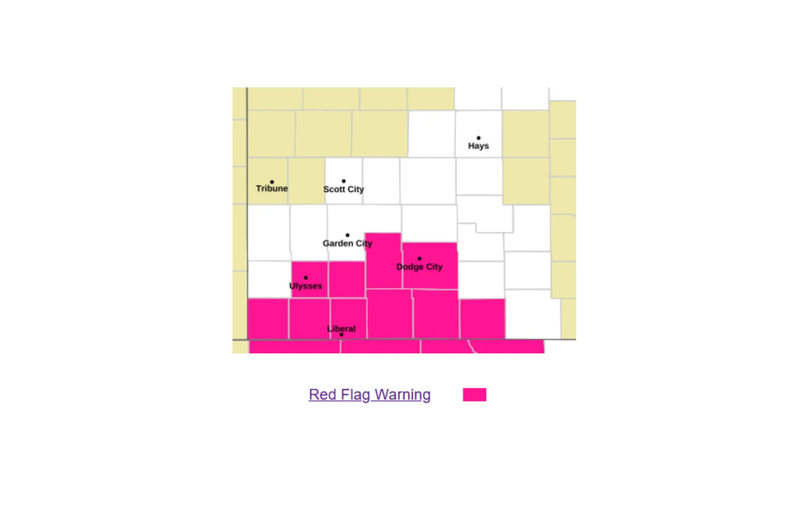 Map showing areas under red flag warnings in parts of southwest Kansas through Thursday, May 14, 2026 | NWS