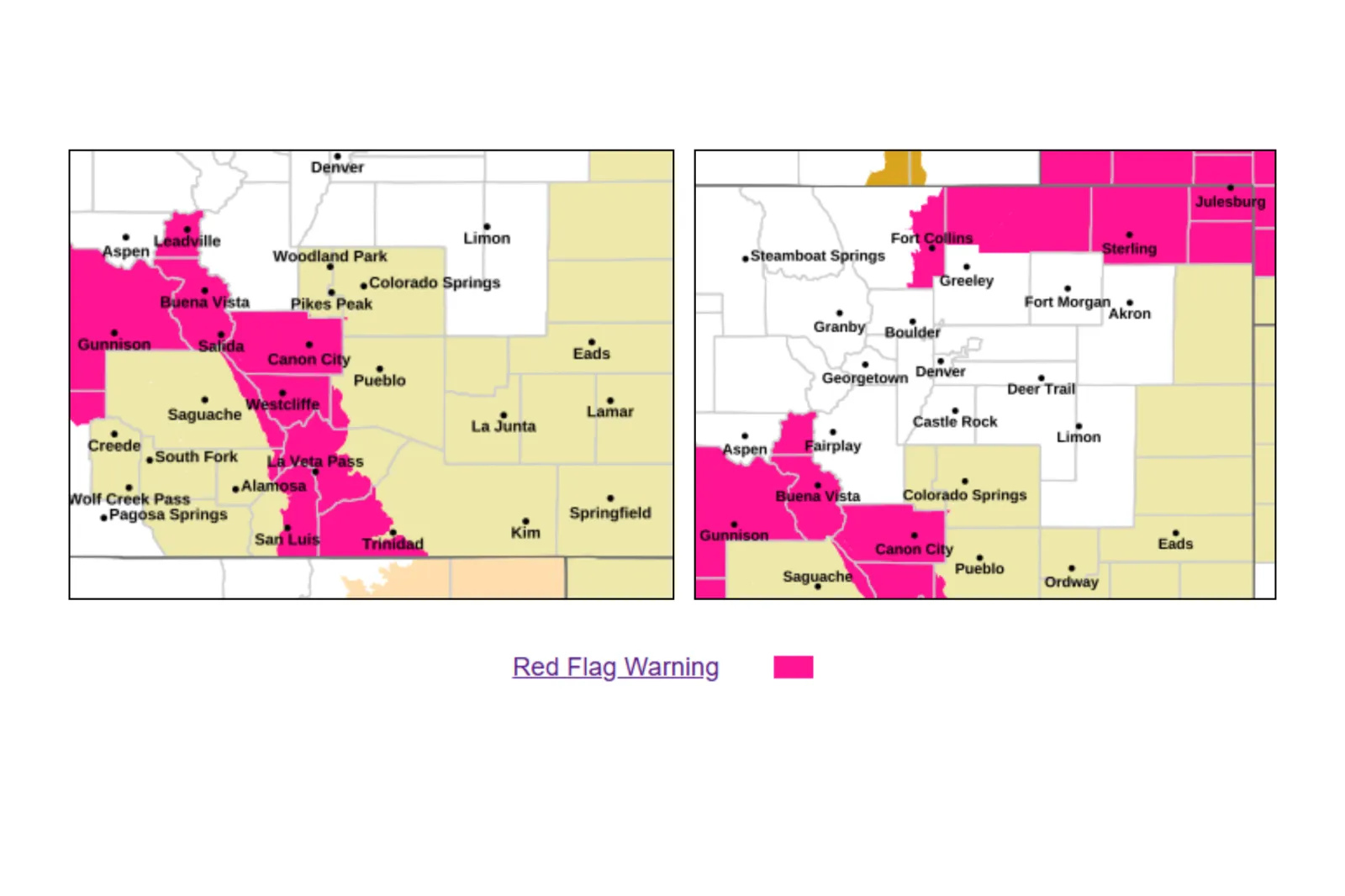 Map showing areas across Colorado that have been issued red flag warnings for Thursday, May 14, 2026 | NWS