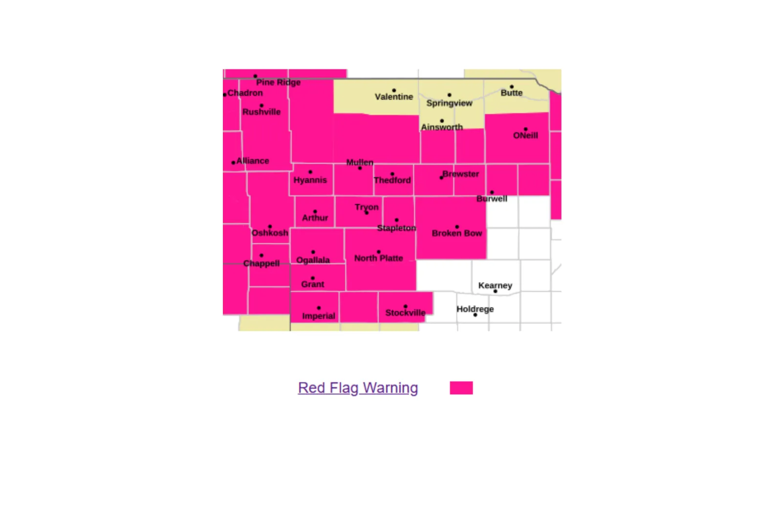 Map showing red flag warnings for parts of Nebraska through Thursday May 14, 2026 | NWS