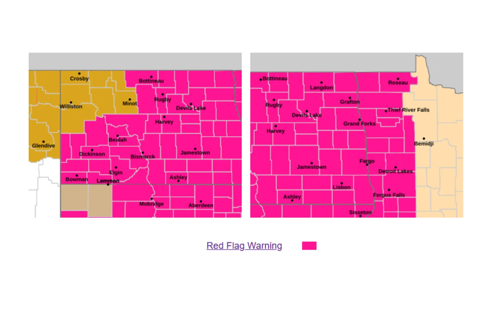 Map showing red flag warnings for parts of North Dakota and Minnesota on Thursday May 14, 2026 | NWS