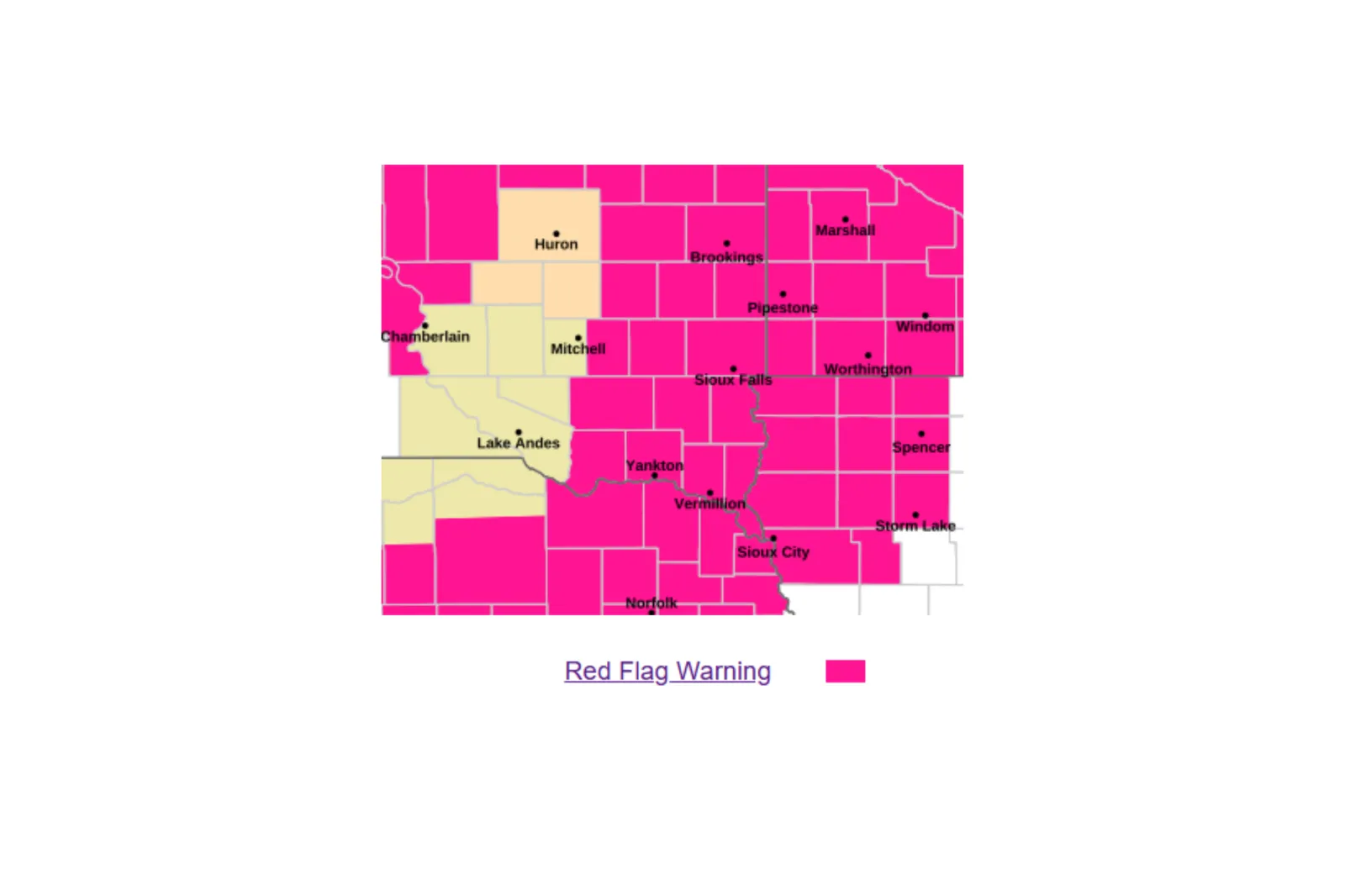 Map showing parts of Iowa under red flag warnings through Thursday May 14, 2026 | NWS