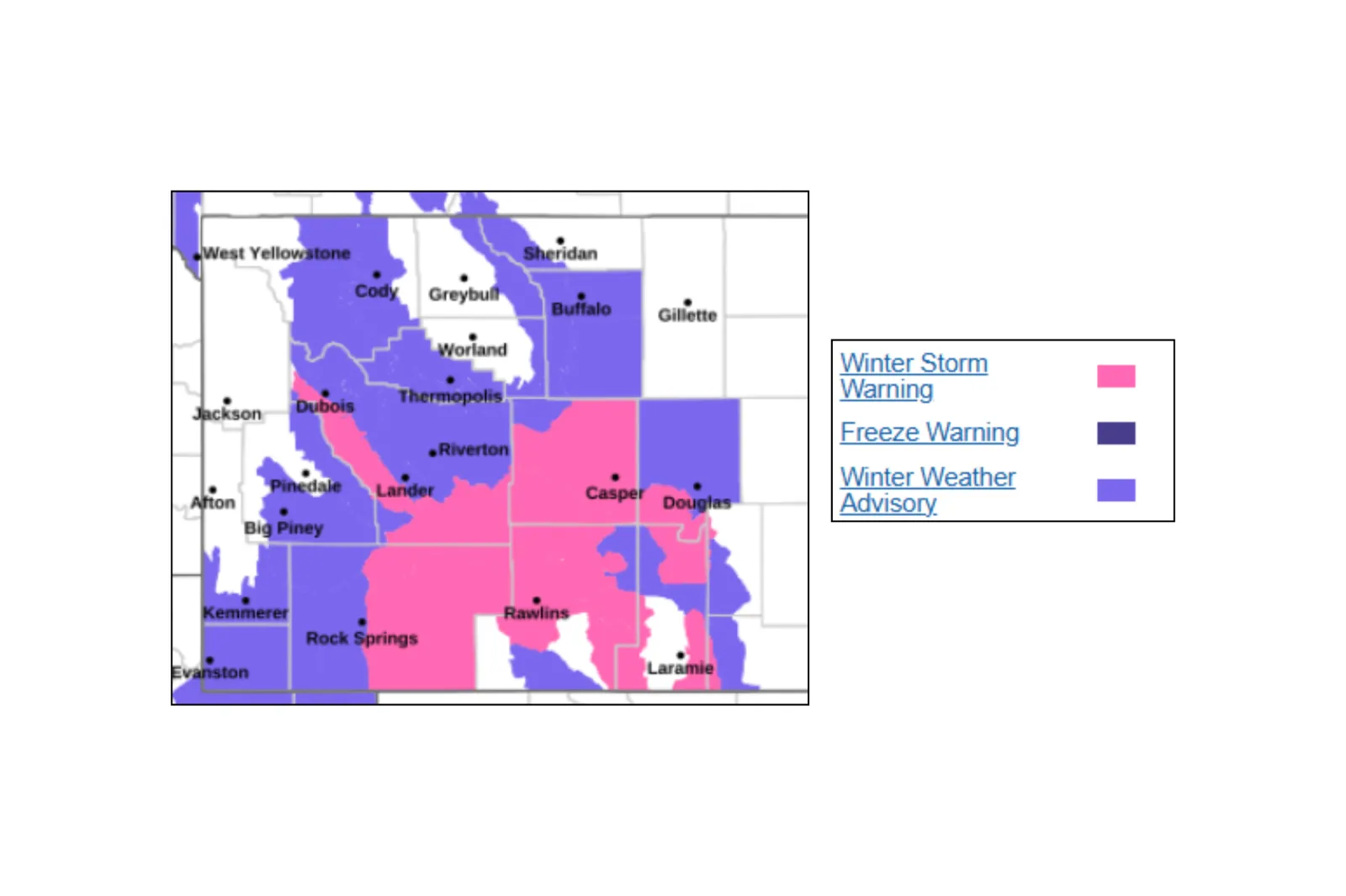 A map showing winter storm warnings and winter weather advisories across Wyoming.