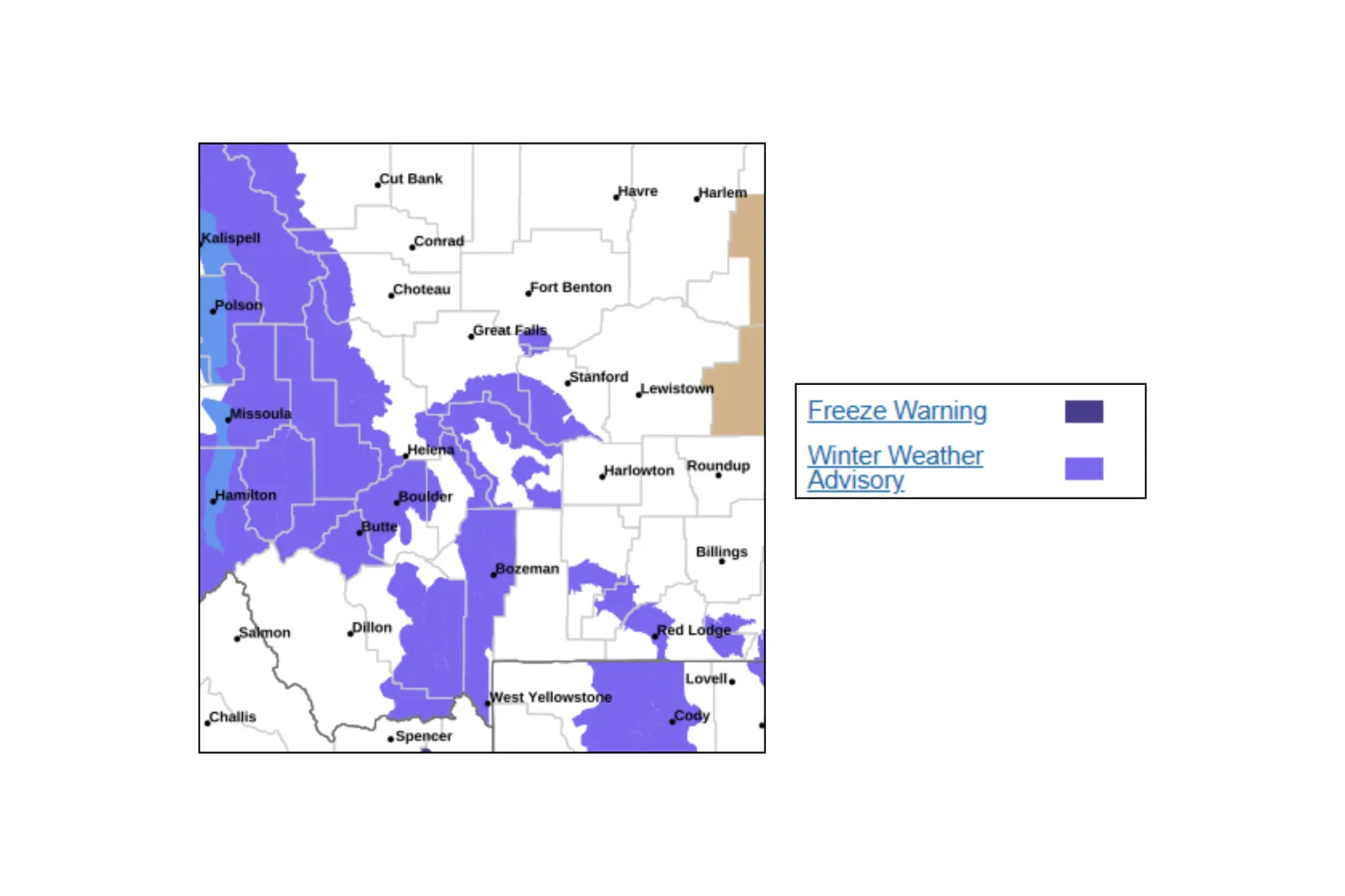 A map showing areas across Montana affected by winter weather advisories.