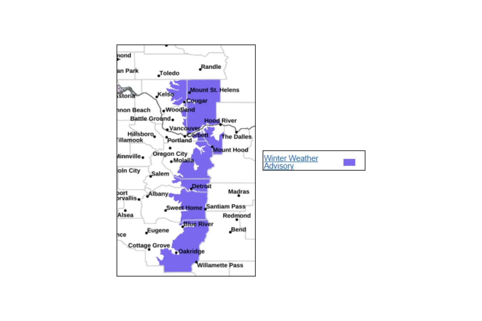 A map showing parts of the Pacific northwest affected by winter weather.
