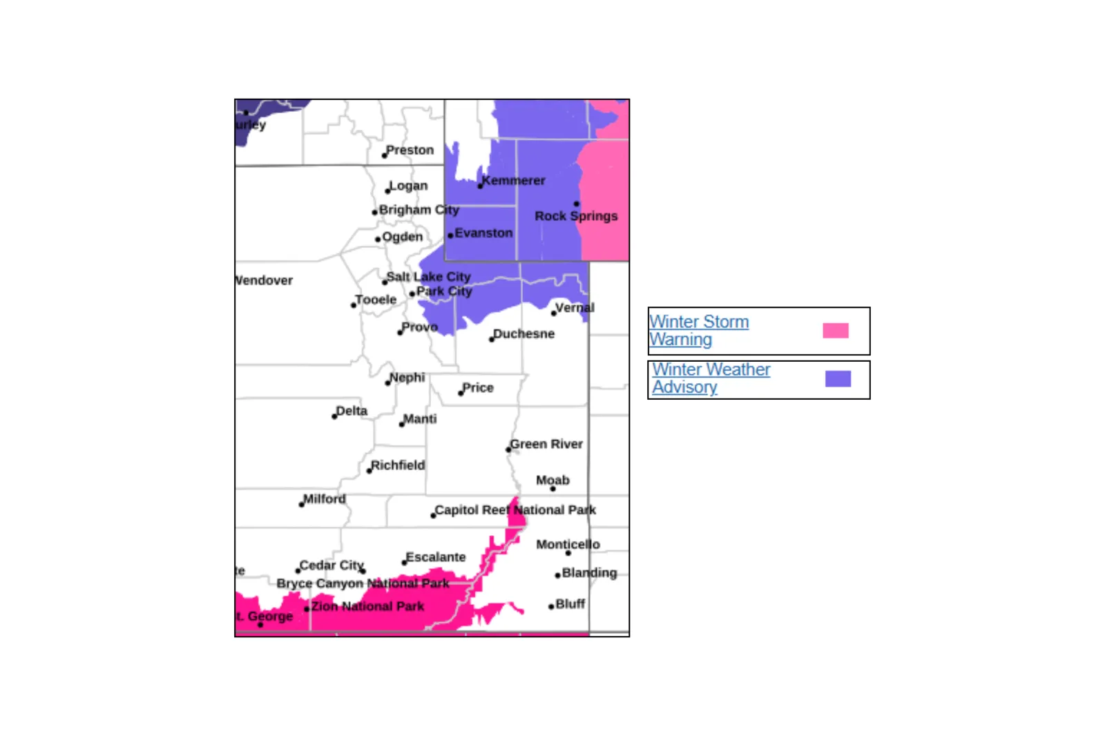 Map showing areas in Utah impacted by winter weather | NWS