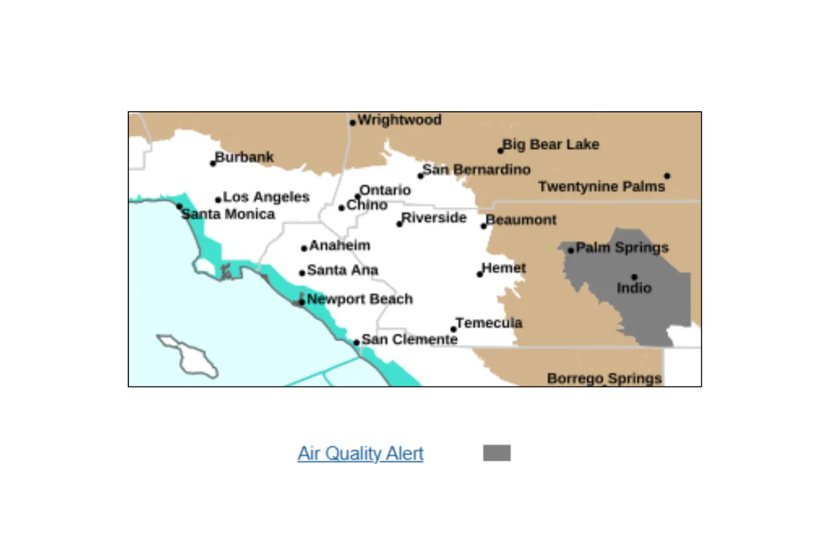 Map showing areas in southern California which are impacted by particle pollution on May 18, 2026 | NWS