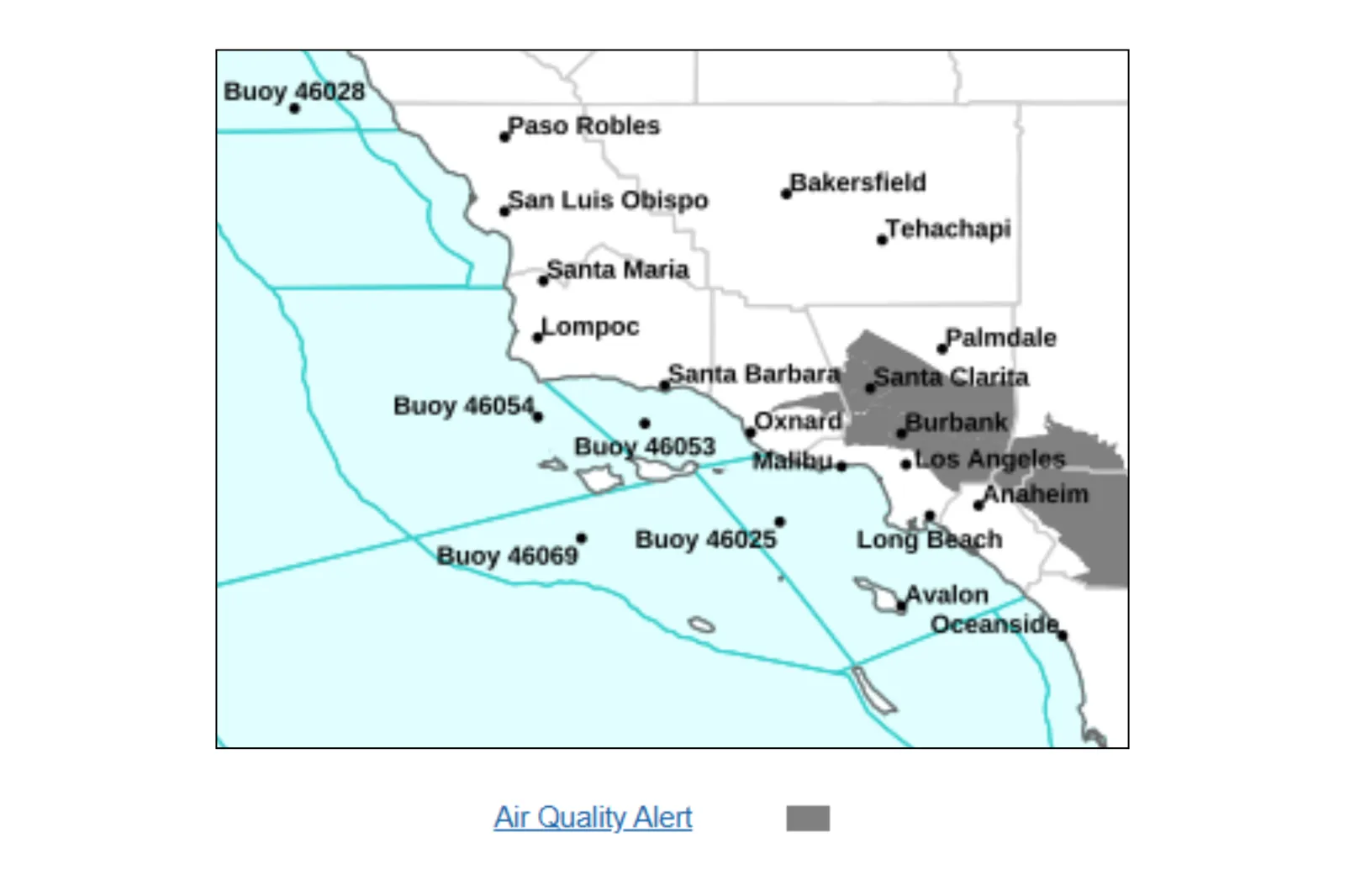 Map showing areas in southern California affected by air pollution caused by wildfire smoke on Thursday, May 21, 2026 | NWS