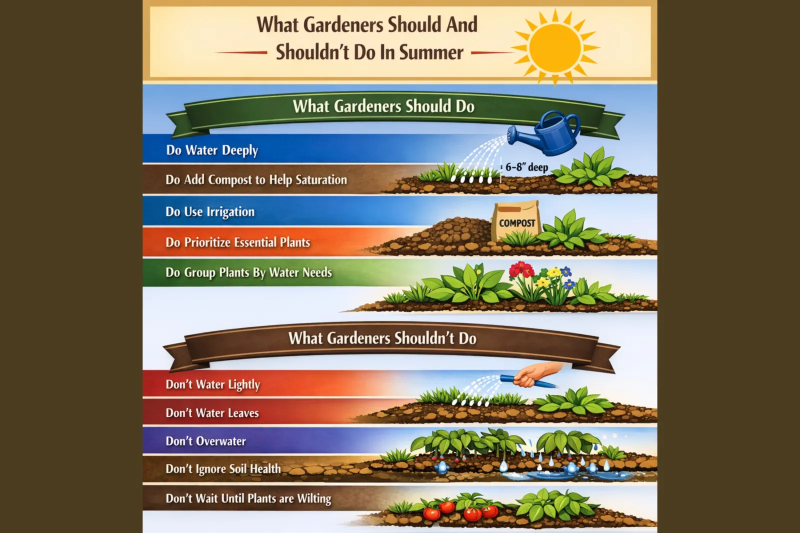 Infographic showing a summary of the key 'do's' and 'don'ts' for gardeners during a dry summer.