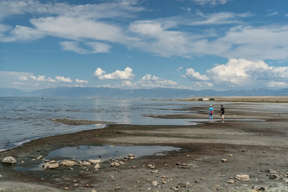 Great Salt Lake State Park beach with receding water in 2023.