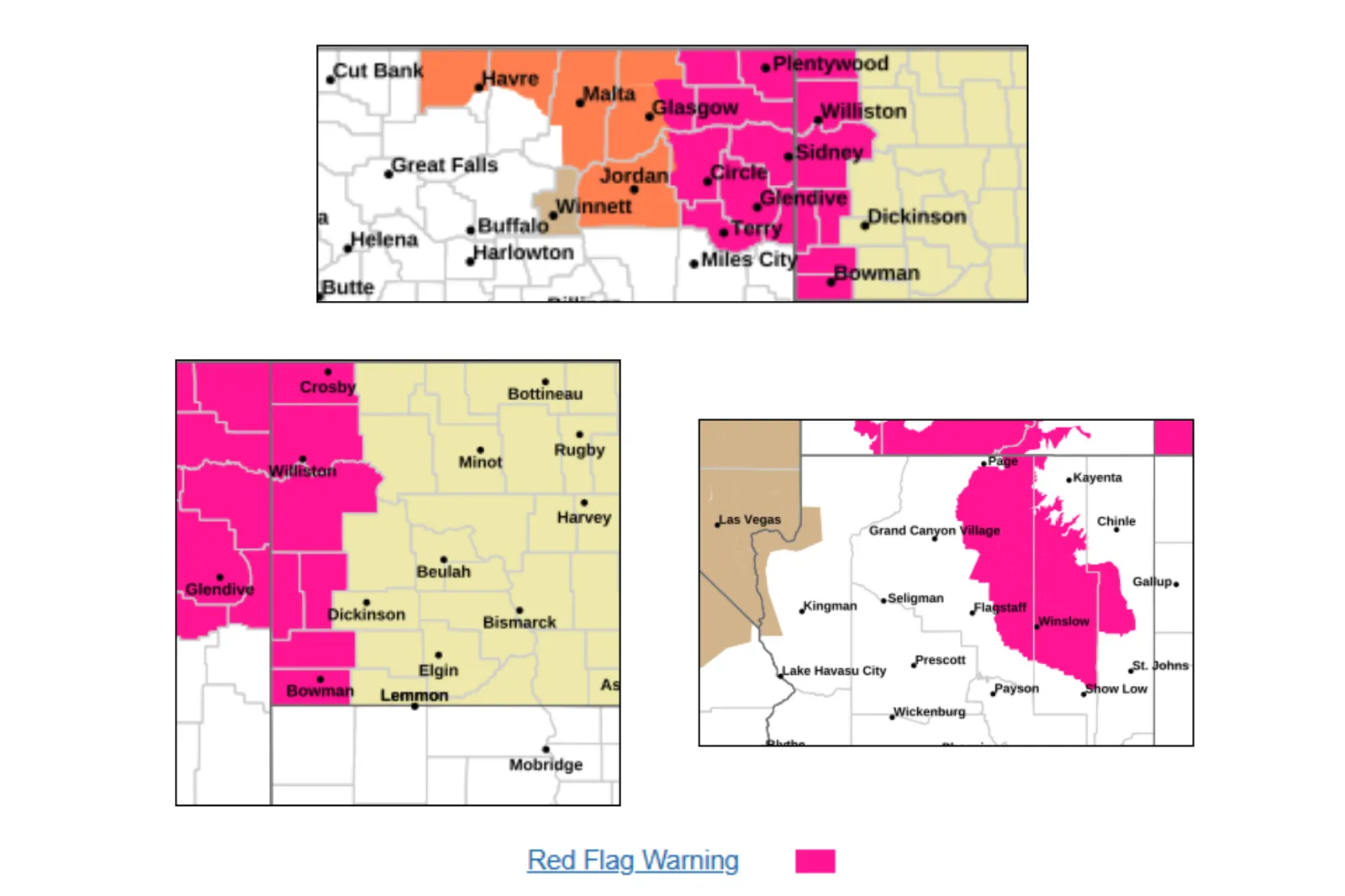 Map showing areas across Arizona, Montana, and North Dakota under Red Flag Warnings through Wednesday, May 27, 2026  | NWS