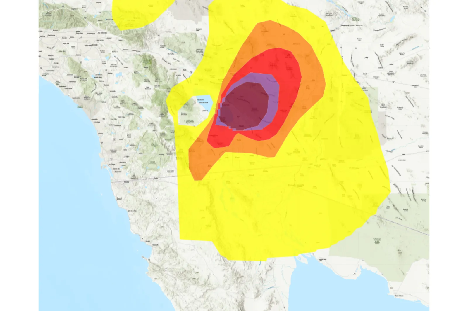 A map showing areas in California affected by "hazardous" air quality on Thursday, May 28, 2026 | EPA