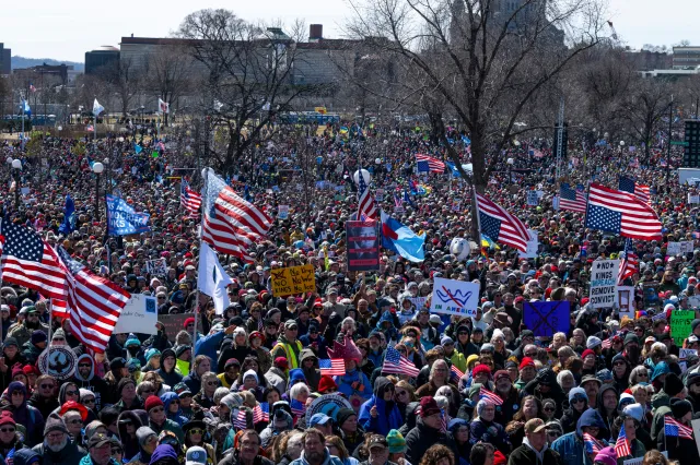 Demonstrators gather for a "No Kings" protest outside the State Capitol building on March 28, 2026 in St Paul, Minnesota.