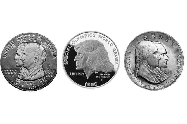 Image shows the following coins from left to right: Coin issued in 1921 showing the then Governor of Alabama on the Alabama Centennial Half Dollar, Thomas Kilby, coin issued in 1995 depicting Eunice Kennedy Shriver, who founded the Special Olympics, coin showing President Calvin Coolidge issued in celebration of the United States 150th anniversary.