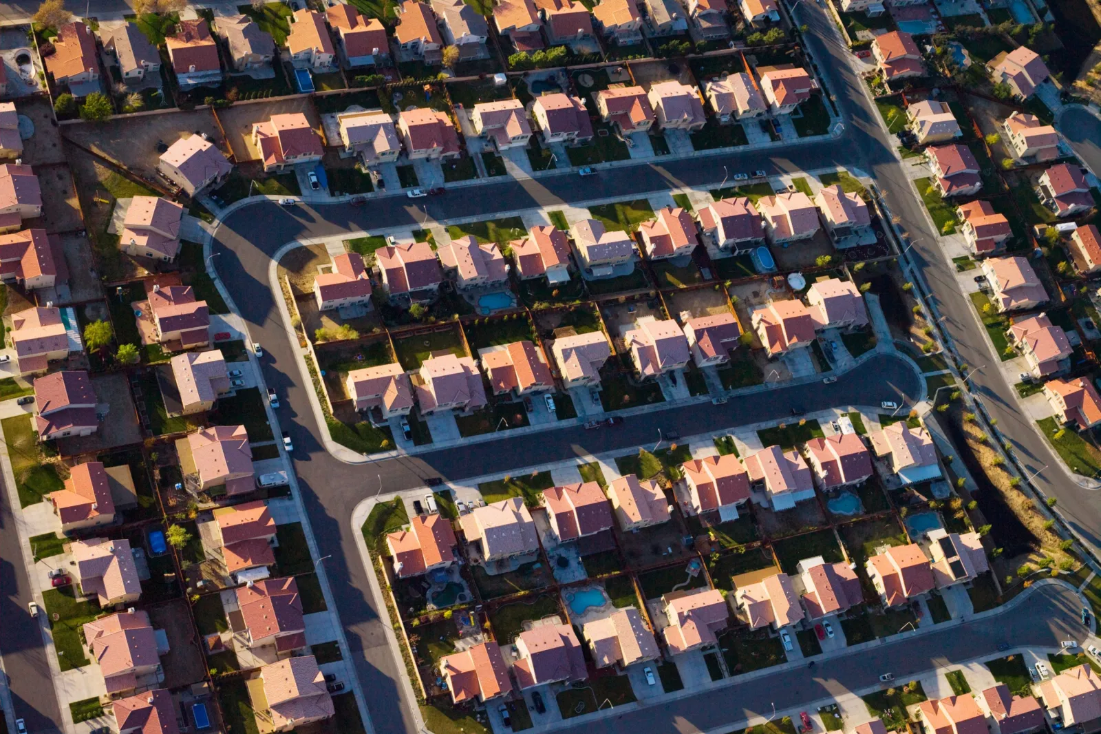 An aerial view of homes in Lancaster, California.