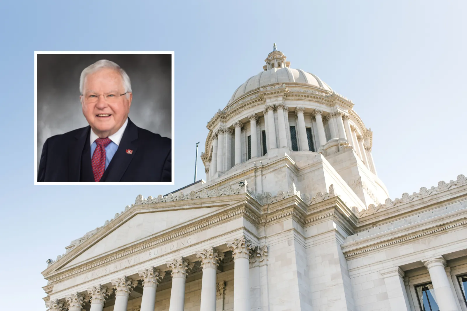 Main image: Washington State Capitol on a sunny day in Olympia - stock photo. Inset: WA state Senator Sam Hunt