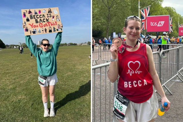 From left: Becca Travis holds a placard in a field; and poses after completing the London Marathon in 2026.