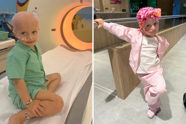 From left: Olivia goes in for an MRI; and stands holding a railing in the hospital.